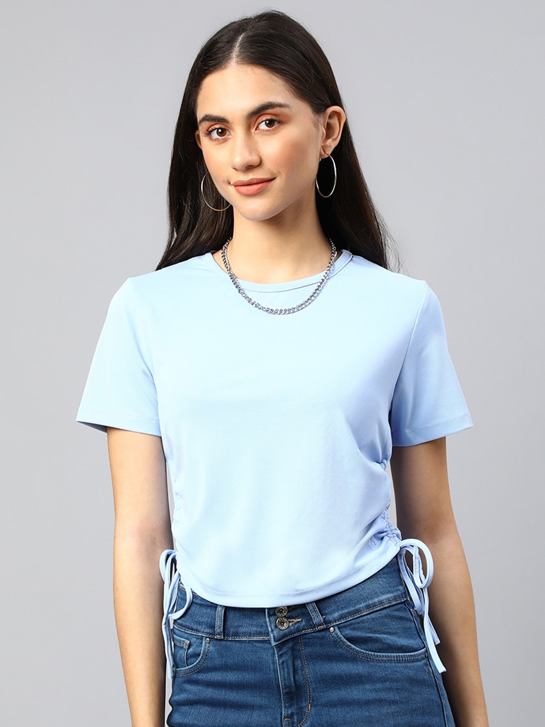 

Xpose Round Neck Side Tie Ups Ruched Crop Top, Blue