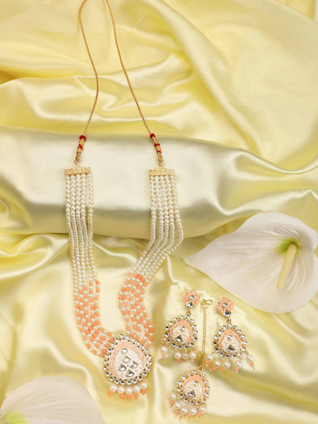 

ZaffreCollections Gold-Plated Pearls-Studded Layered Jewellery Set, White