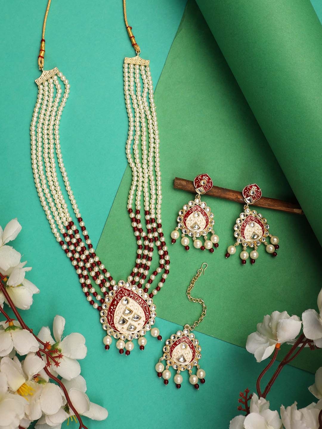 

ZaffreCollections Gold-Plated Pearls-Studded Layered Jewellery Set, White