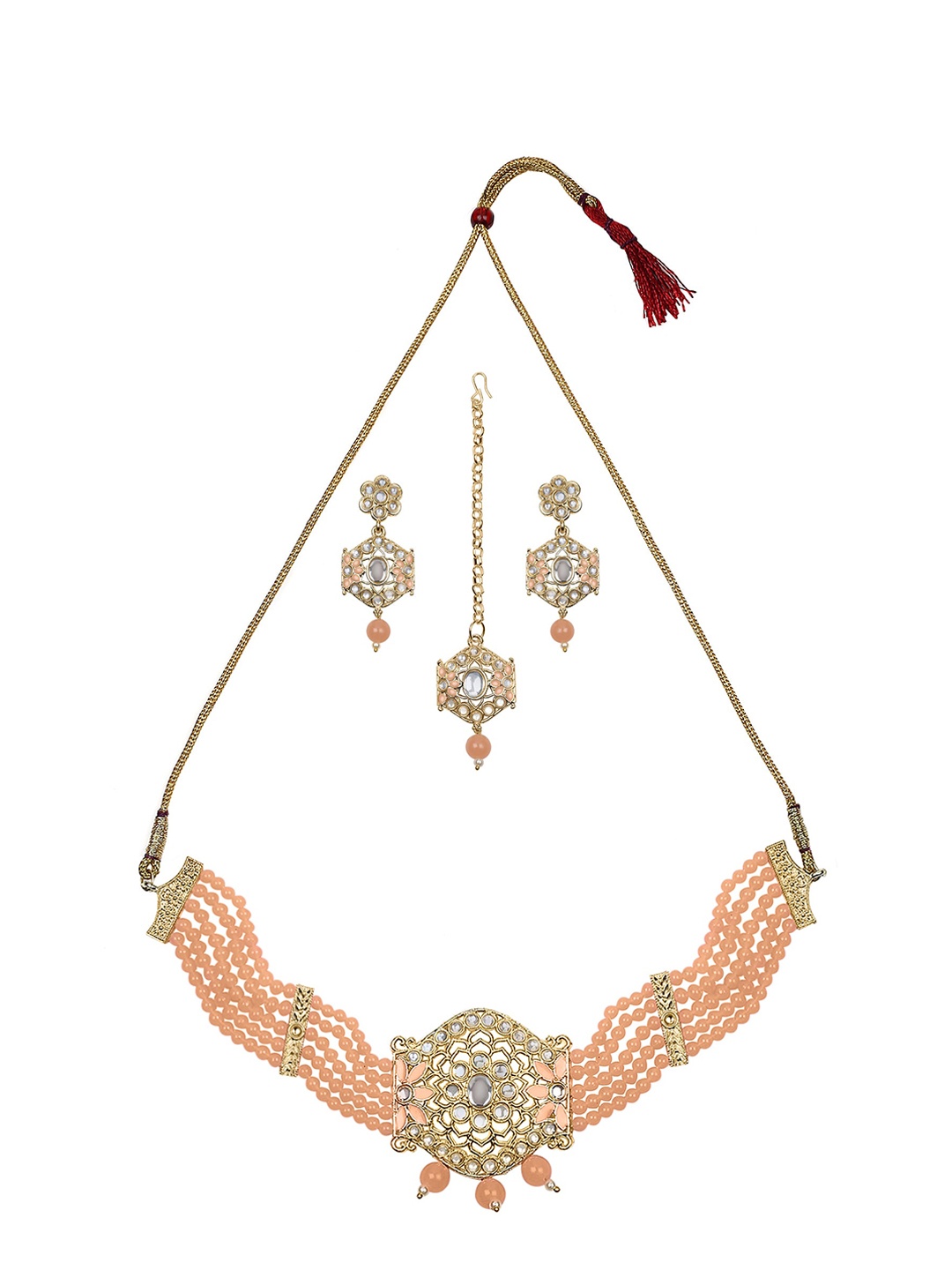 

ZaffreCollections Gold-Plated Stone-Studded & Beaded Necklace and Earrings with Maang Tika, Peach