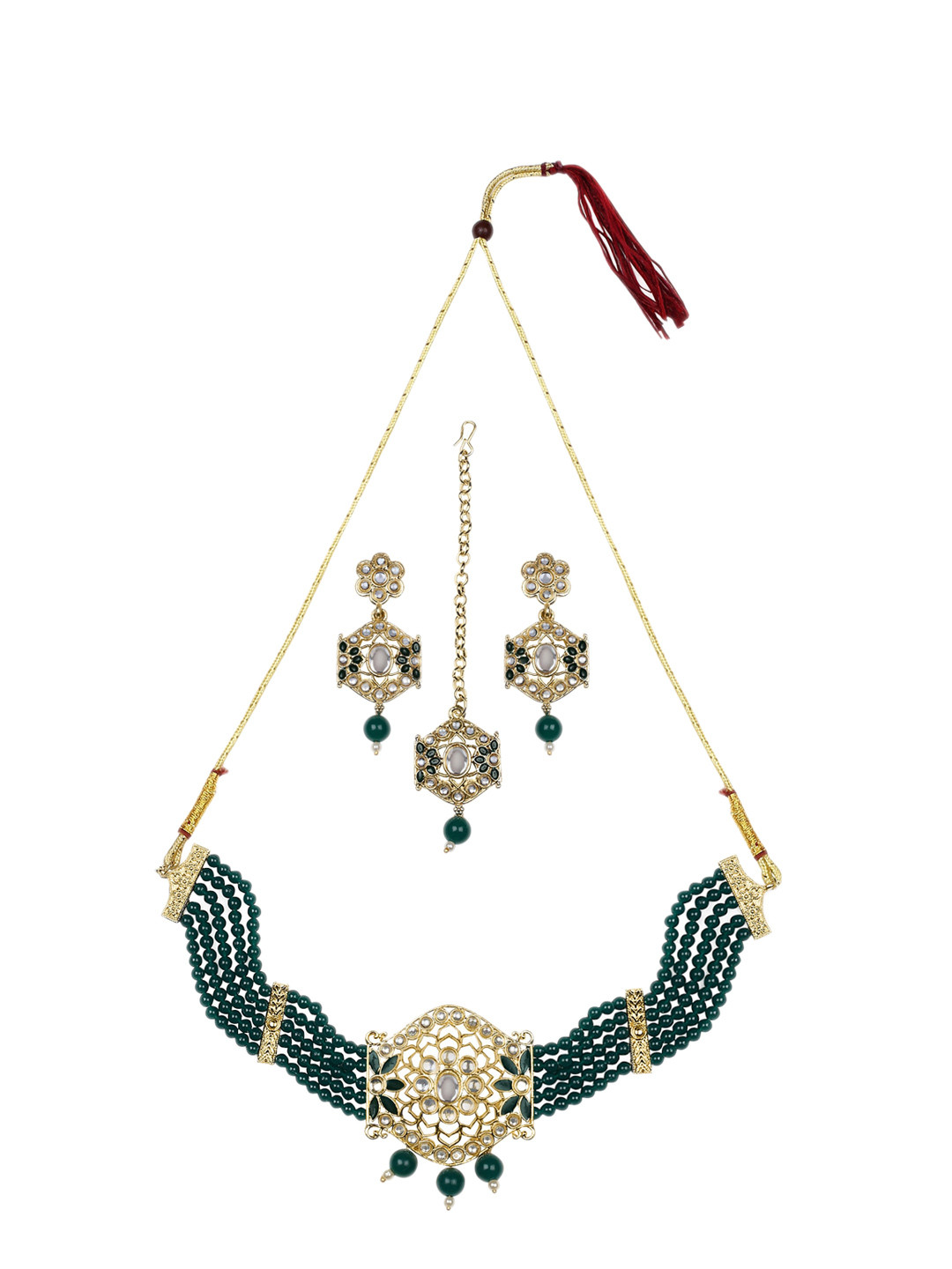 

ZaffreCollections Gold-Plated Stone-Studded & Beaded Necklace and Earrings with Maang Tika, Green