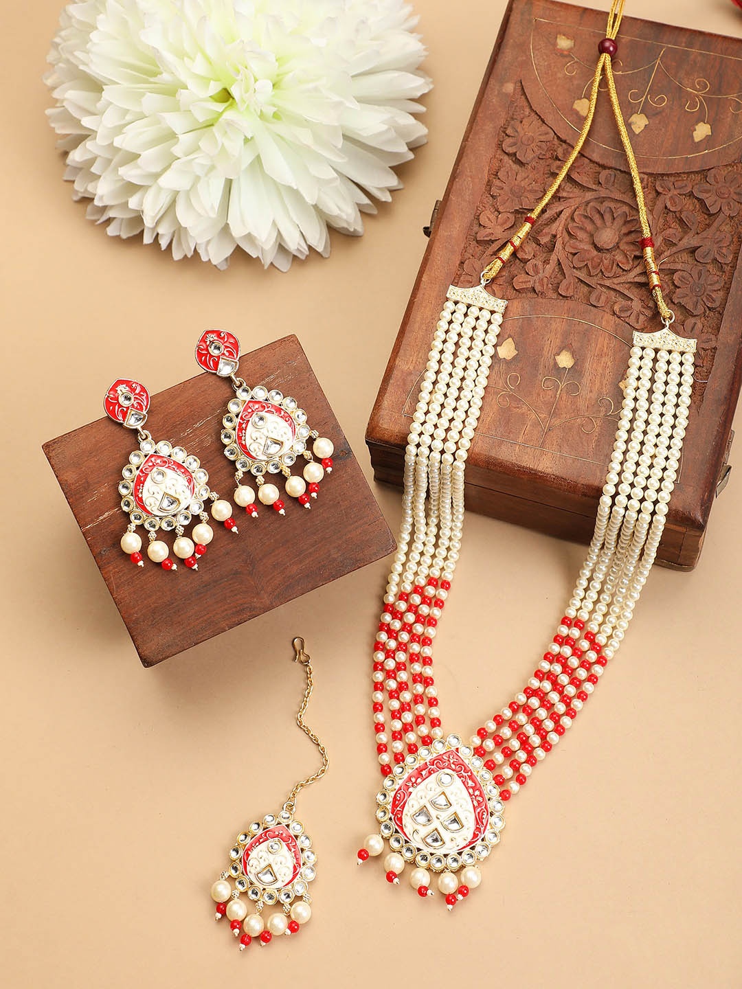 

ZaffreCollections Gold-Plated Pearls-Studded Layered Jewellery Set, White