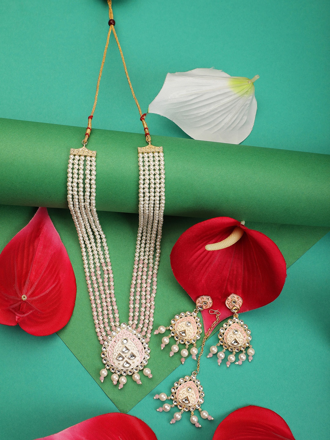 

ZaffreCollections Gold-Plated Stone-Studded & Pearl Beaded Jewellery Set With Maang Tikka, White