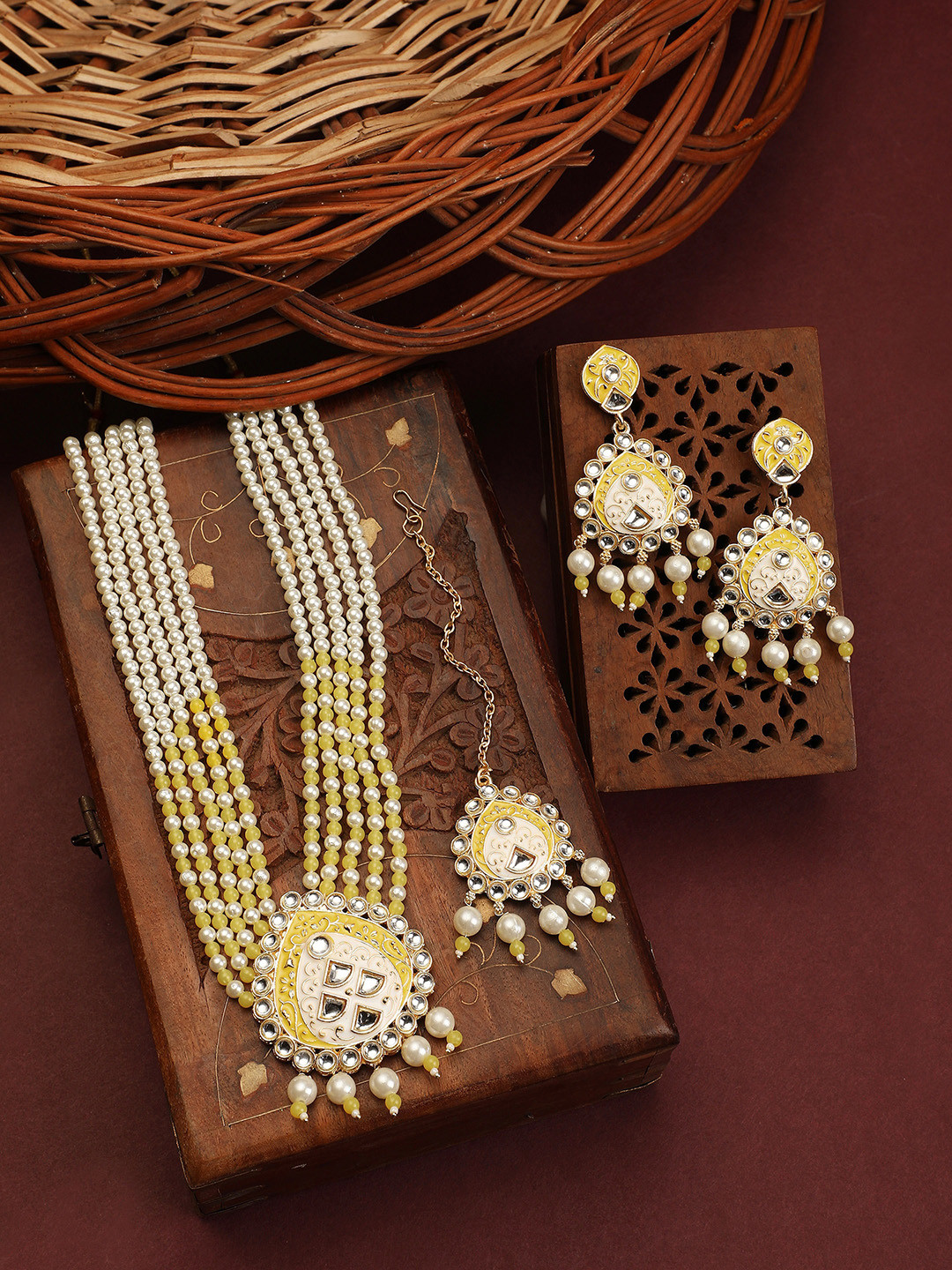 

ZaffreCollections Gold-Plated Pearls-Studded Layered Jewellery Set, Yellow