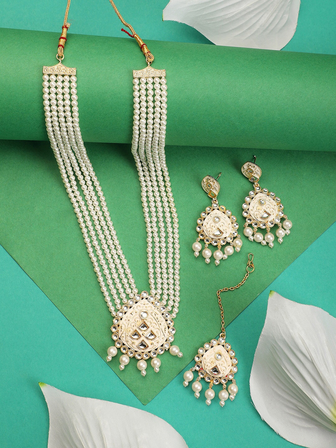 

ZaffreCollections Gold-Plated Pearls-Studded Layered Jewellery Set, White