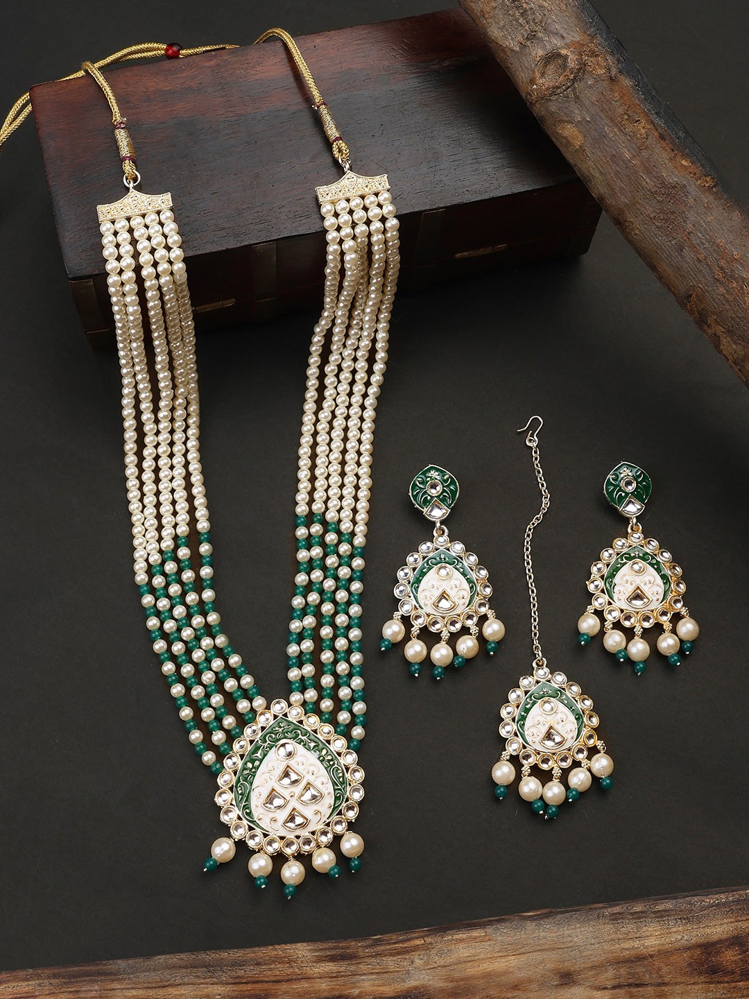 

ZaffreCollections Gold-Plated Stone-Studded & Beaded Necklace and Earrings with Maang Tika, Green