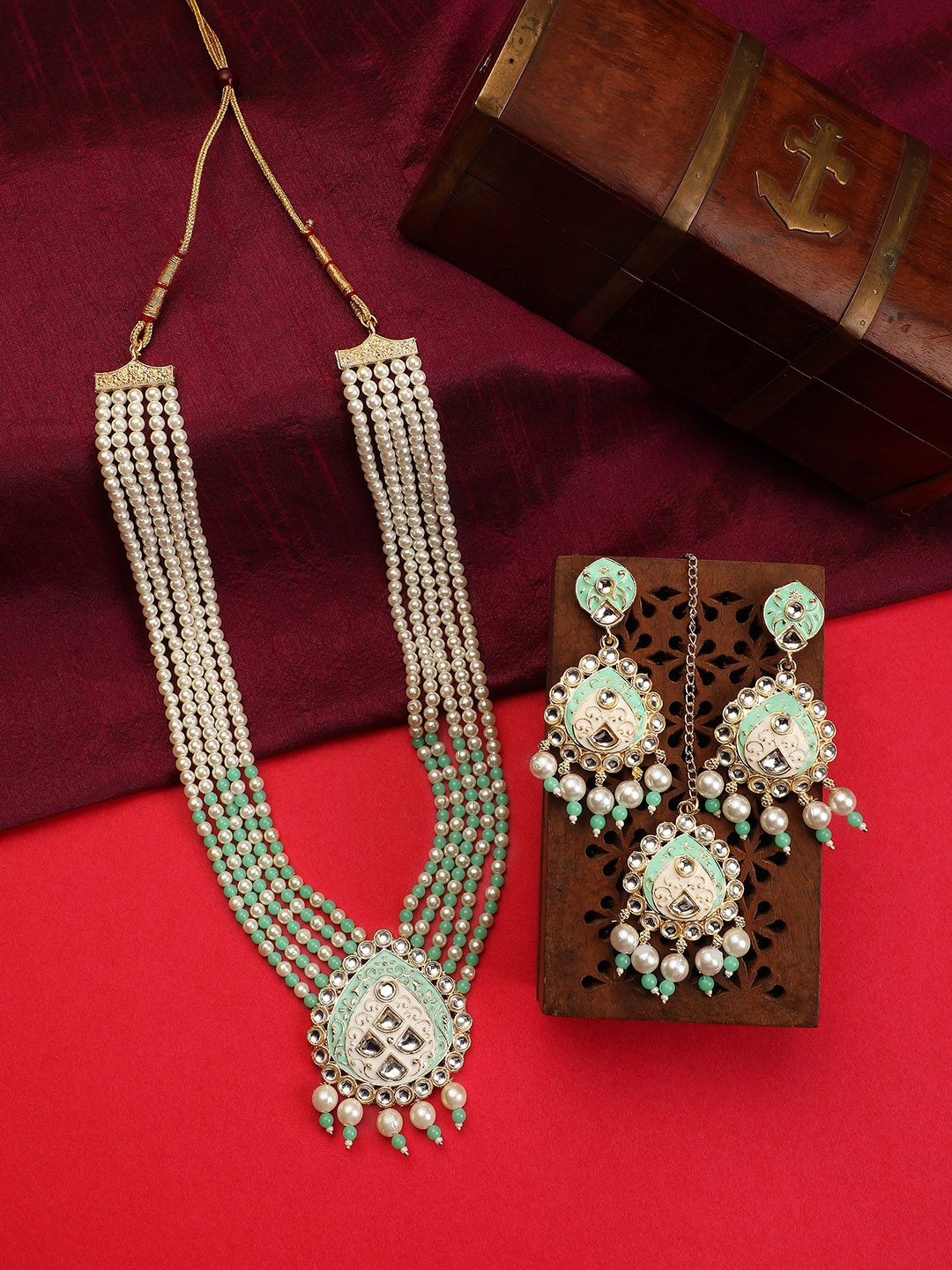 

ZaffreCollections Gold-Plated Stone-Studded & Pearls-Beaded Jewellery Set, Sea green