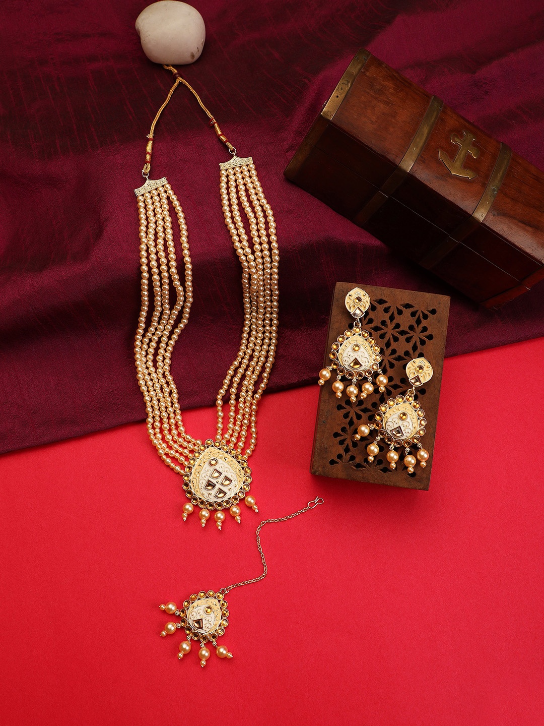 

ZaffreCollections Gold-Plated Beaded Layered Necklace and Earrings with Maang Tika, Cream