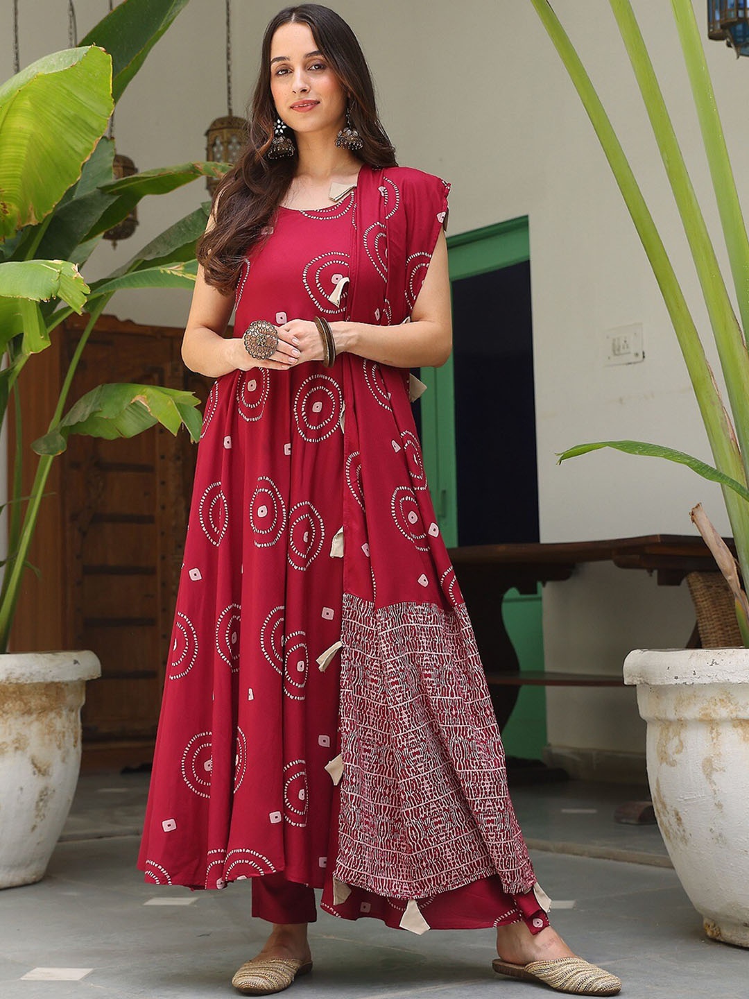 

Rustorange Bandhani Printed Anarkali Kurta with Trousers & Dupatta, Maroon