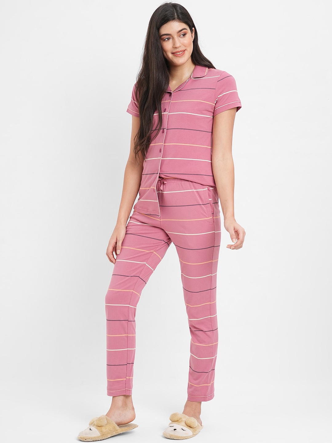 

Sweet Dreams Striped Night Suit, Peach