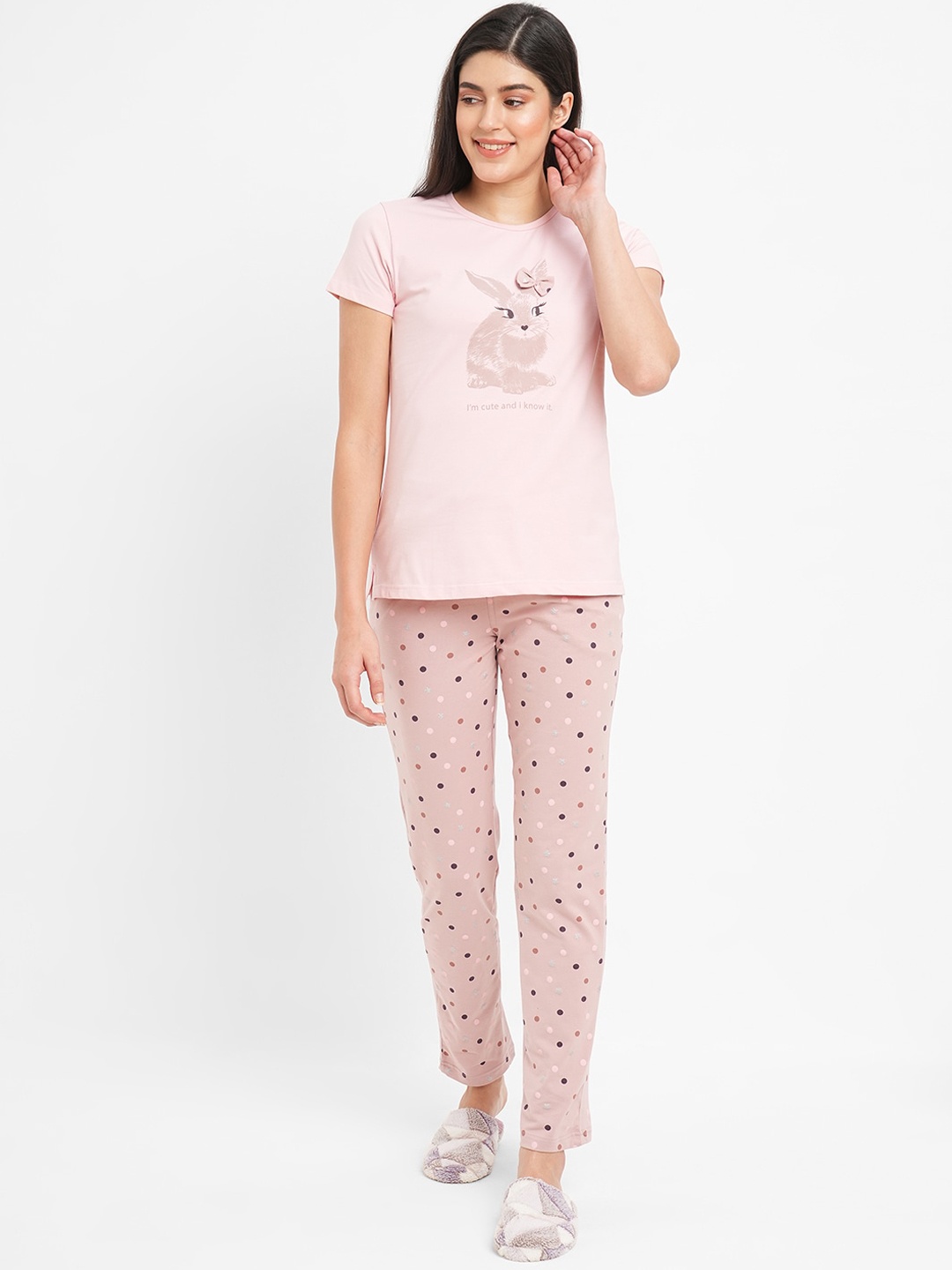 

Sweet Dreams Polka Dots Printed Night Suit, Pink