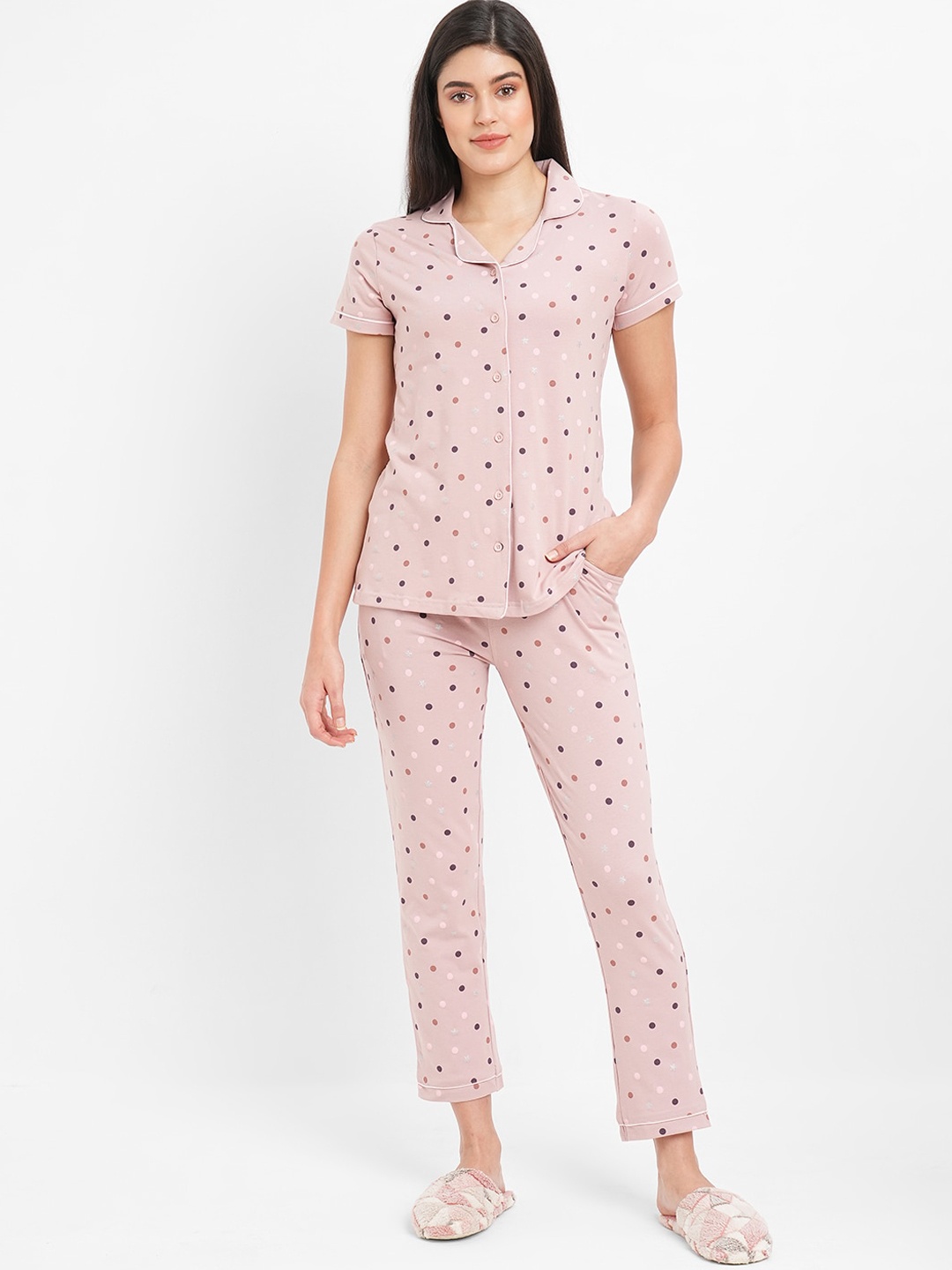 

Sweet Dreams Polka Dots Printed Night Suit, Pink