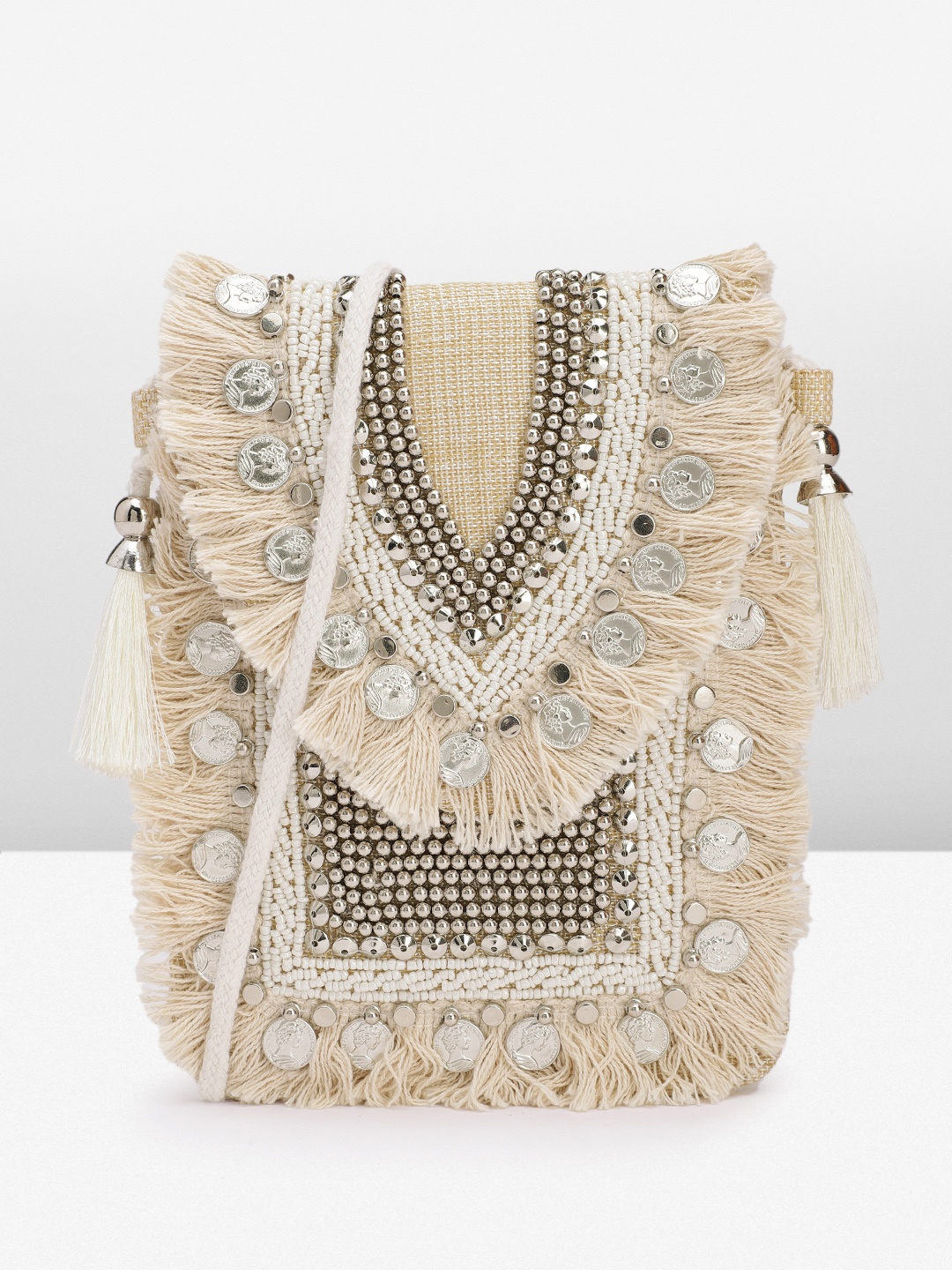 

Peora Embroidered Fringed Envelope Clutch, White