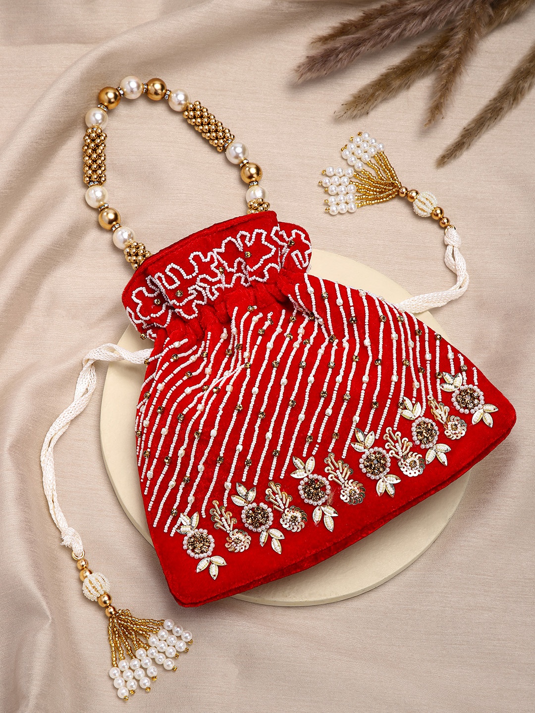 

Peora Embroidered Embellished Potli, Red