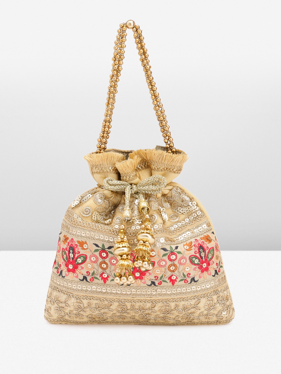 

Peora Embroidered Embellished Potli Clutch, Cream