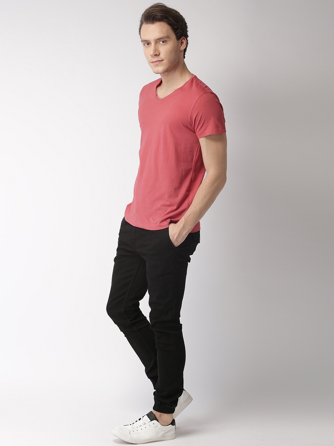 

Mast Harbour Men Coral Pink Solid V-Neck Pure Cotton T-shirt