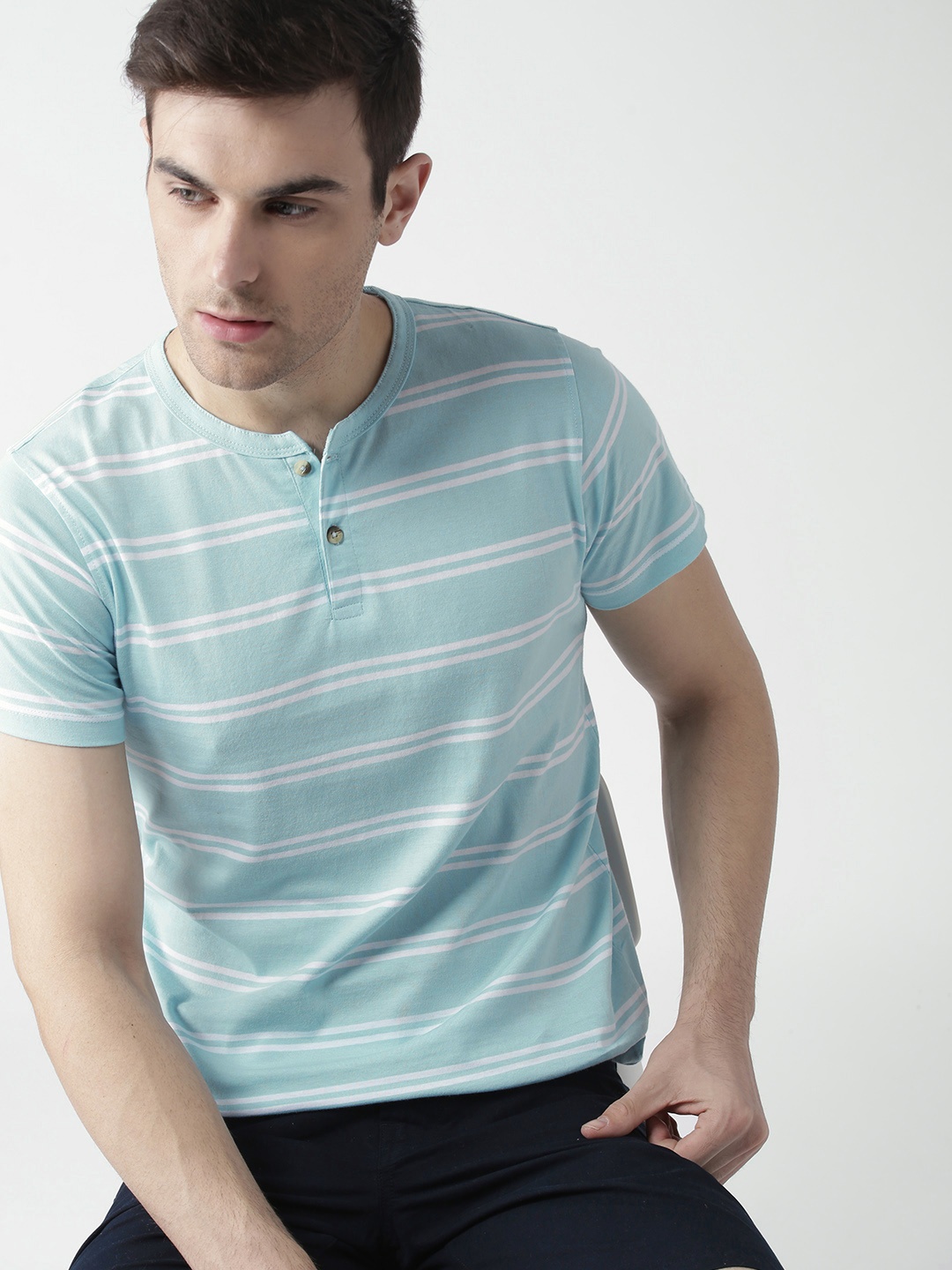 

Mast & Harbour Men Blue Striped Henley Neck T-shirt