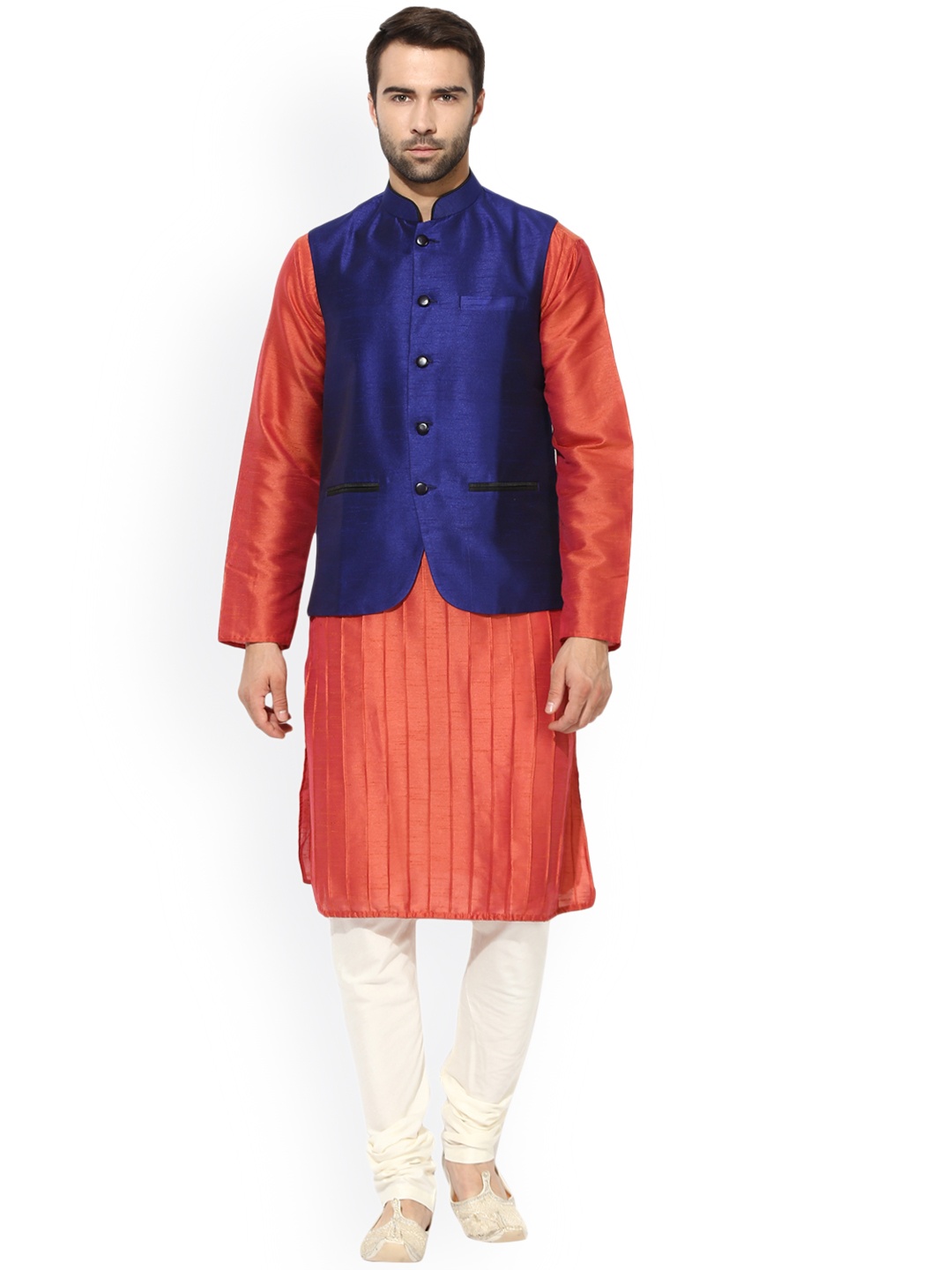 

KISAH Men Coral Red & Blue Self-Design Kurta with Churidar and Nehru Jacket