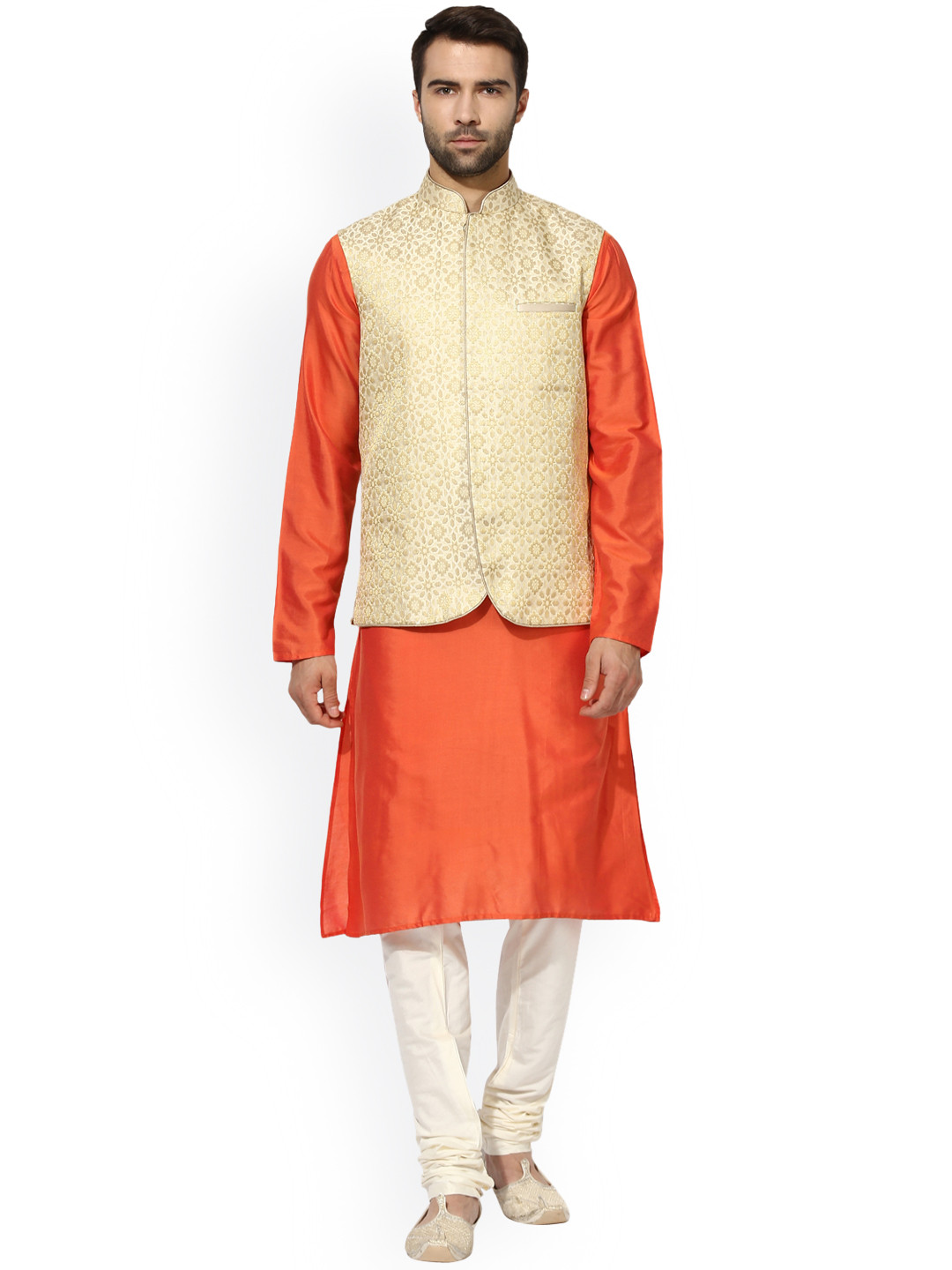 

KISAH Men Orange & Beige Self-Design Churidar Kurta with Nehru Jacket