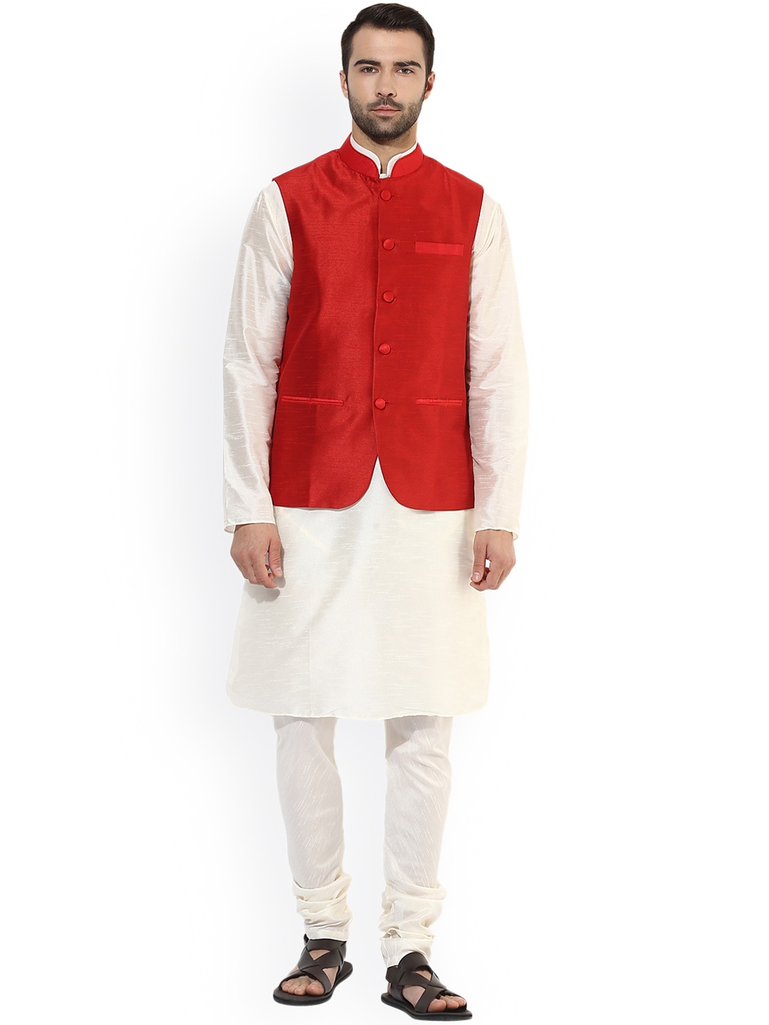 

KISAH Men Red & Cream-Coloured Self-Design Kurta with Churidar & Nehru Jacket