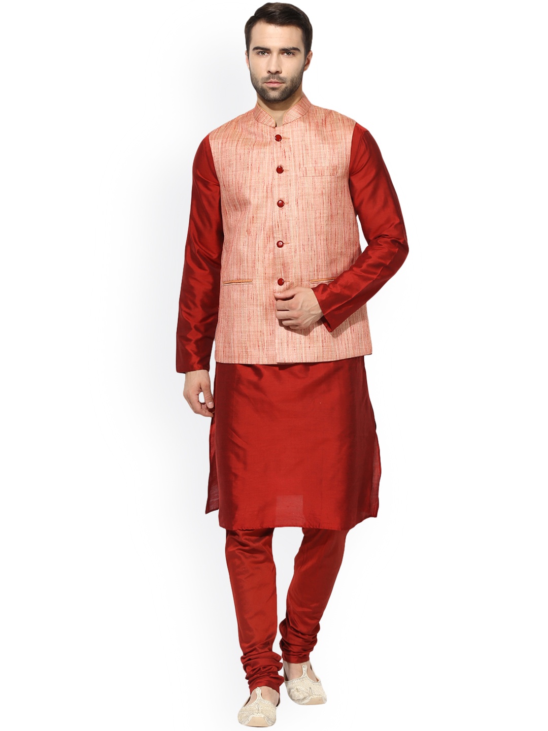 

KISAH Men Red & Pink Self-Design Kurta Churidar with Nehru Jacket