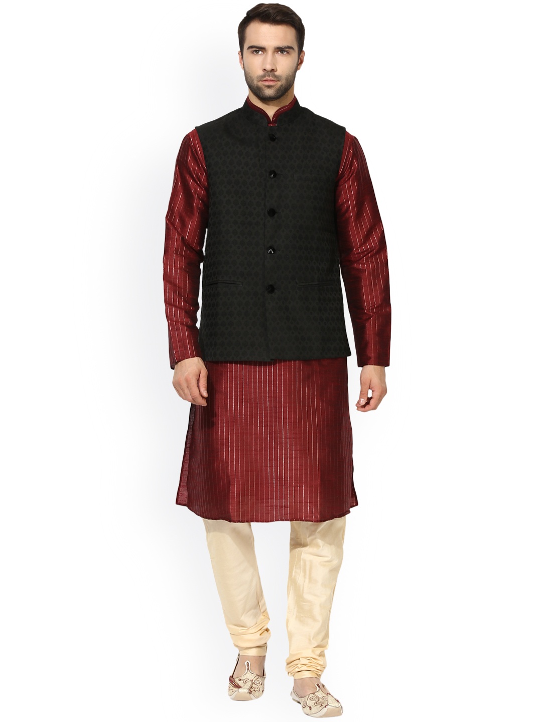 

KISAH Men Maroon & Beige Self-Design Churidar Kurta with Nehru Jacket