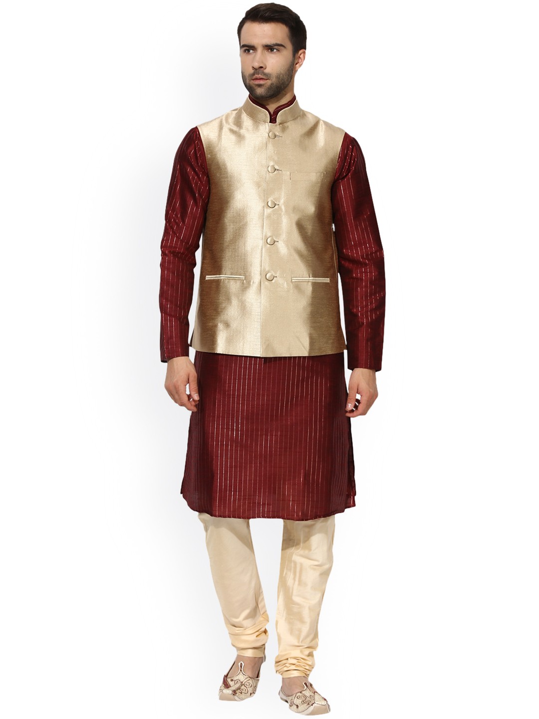 

KISAH Men Maroon & Beige Self-Design Churidar Kurta with Nehru Jacket