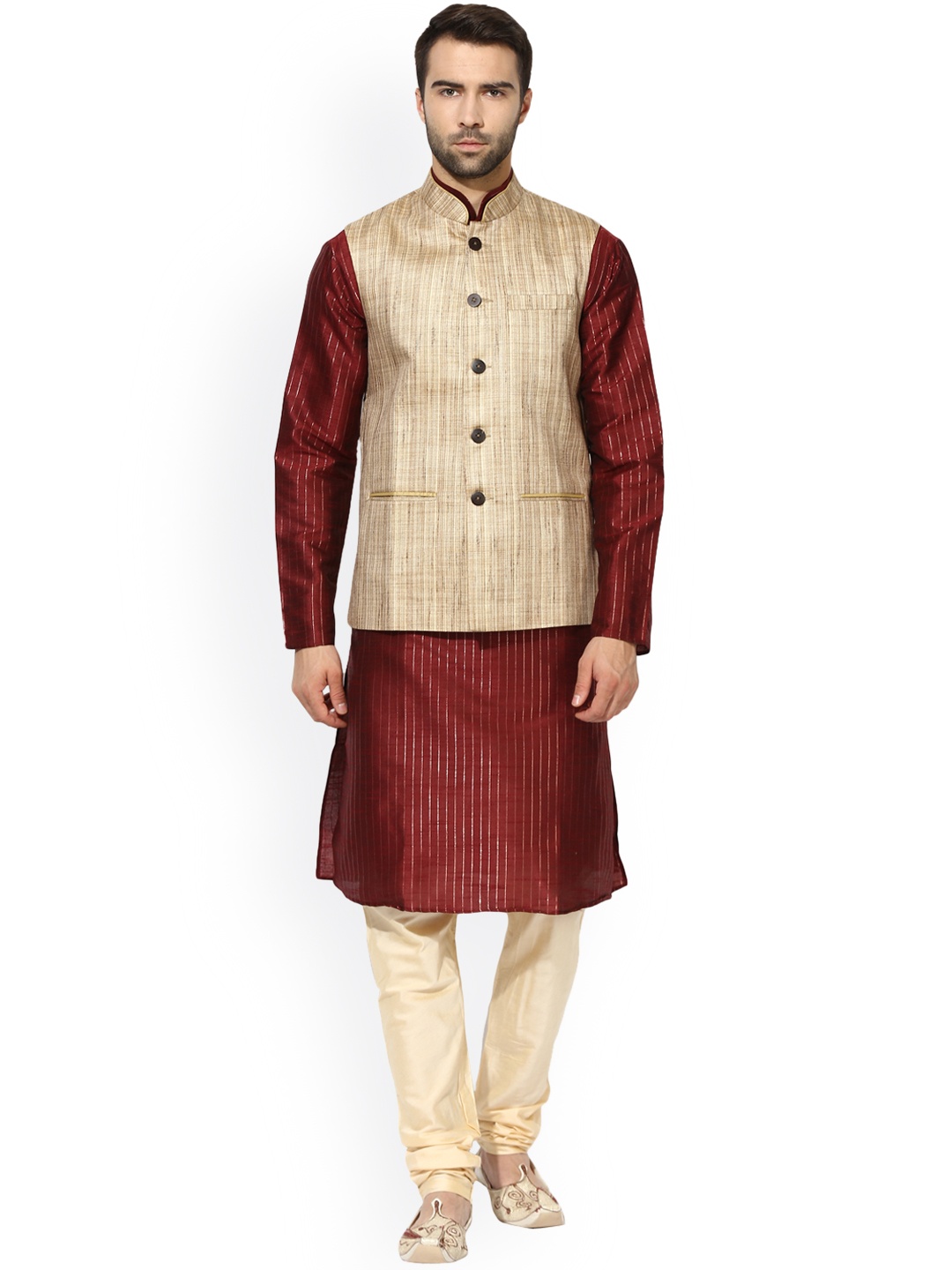 

KISAH Men Maroon & Beige Striped Kurta Churidar with Nehru Jacket