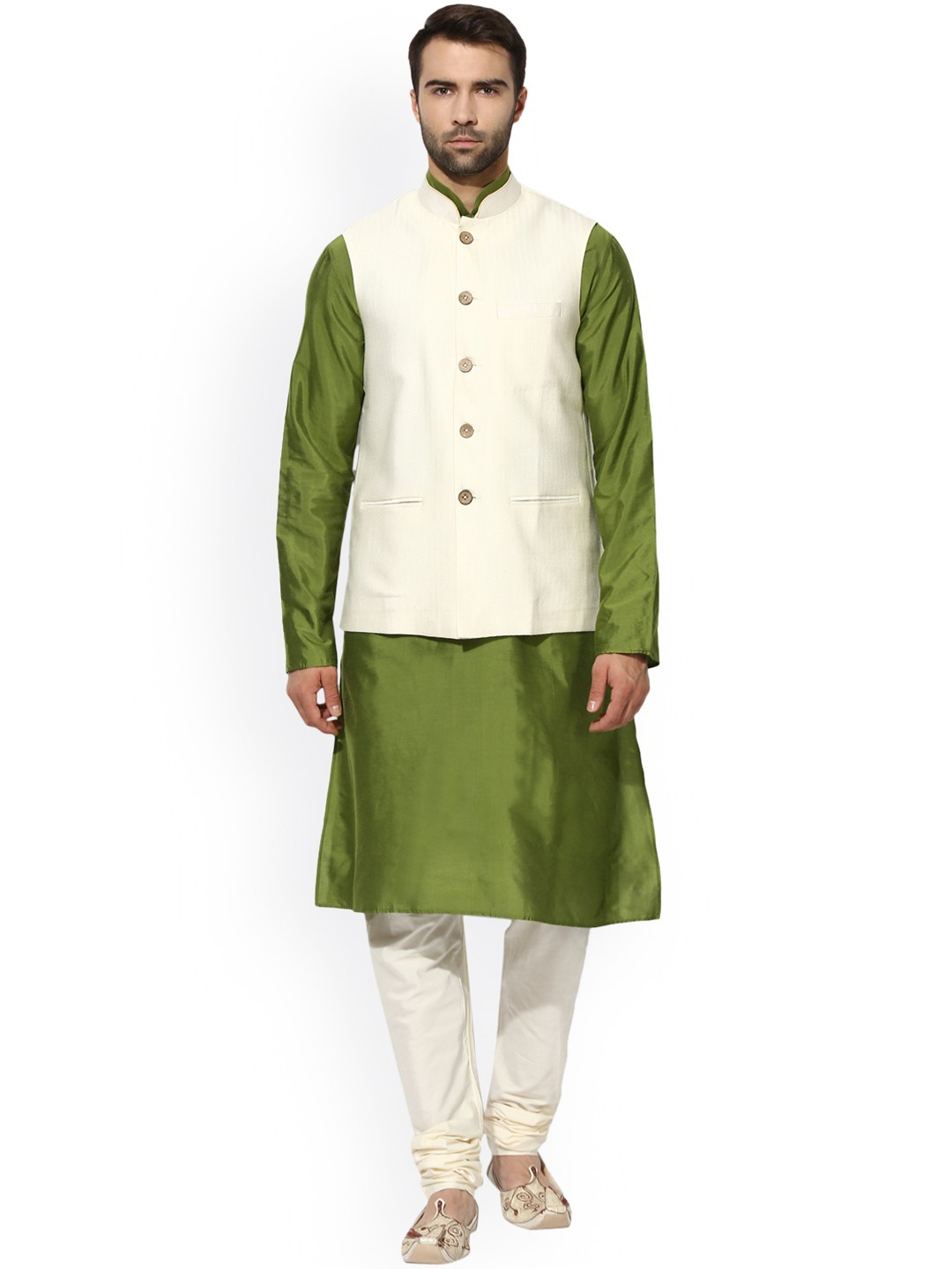 

KISAH Men Green & Off-White Solid Kurta with Churidar & Waistcoat