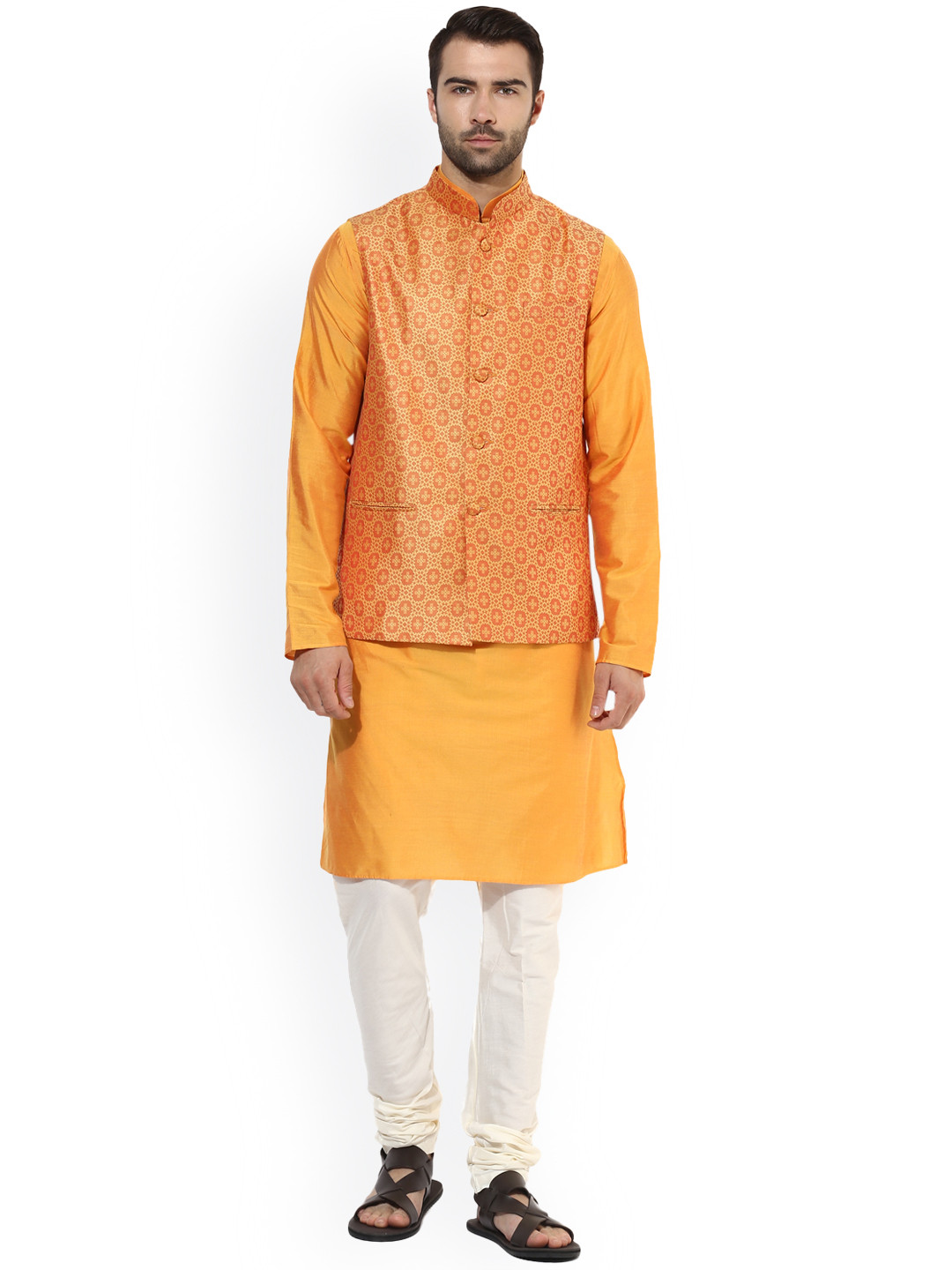 

KISAH Men Yellow & Cream-Coloured Self-Design Kurta with Churidar & Nehru Jacket