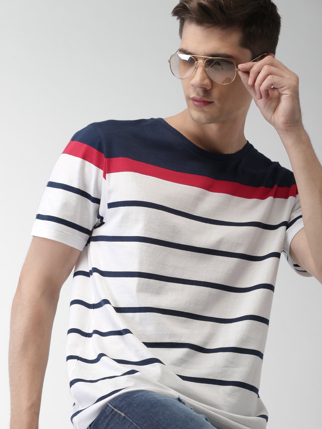 

Mast & Harbour Men White & Navy Striped Cotton T-shirt