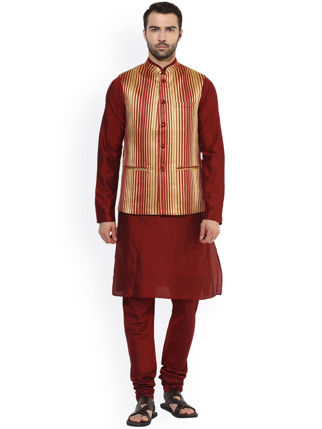 

KISAH Men Maroon & Beige Striped Kurta with Churidar & Nehru Jacket