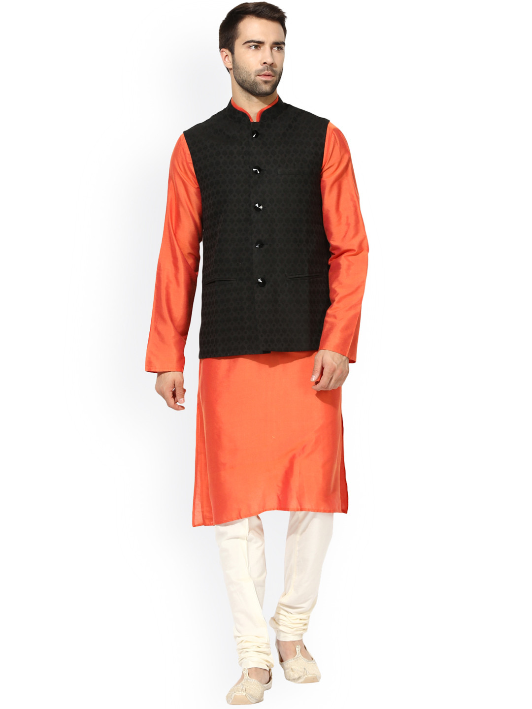 

KISAH Men Orange & Black Solid Kurta with Churidar & Nehru Jacket