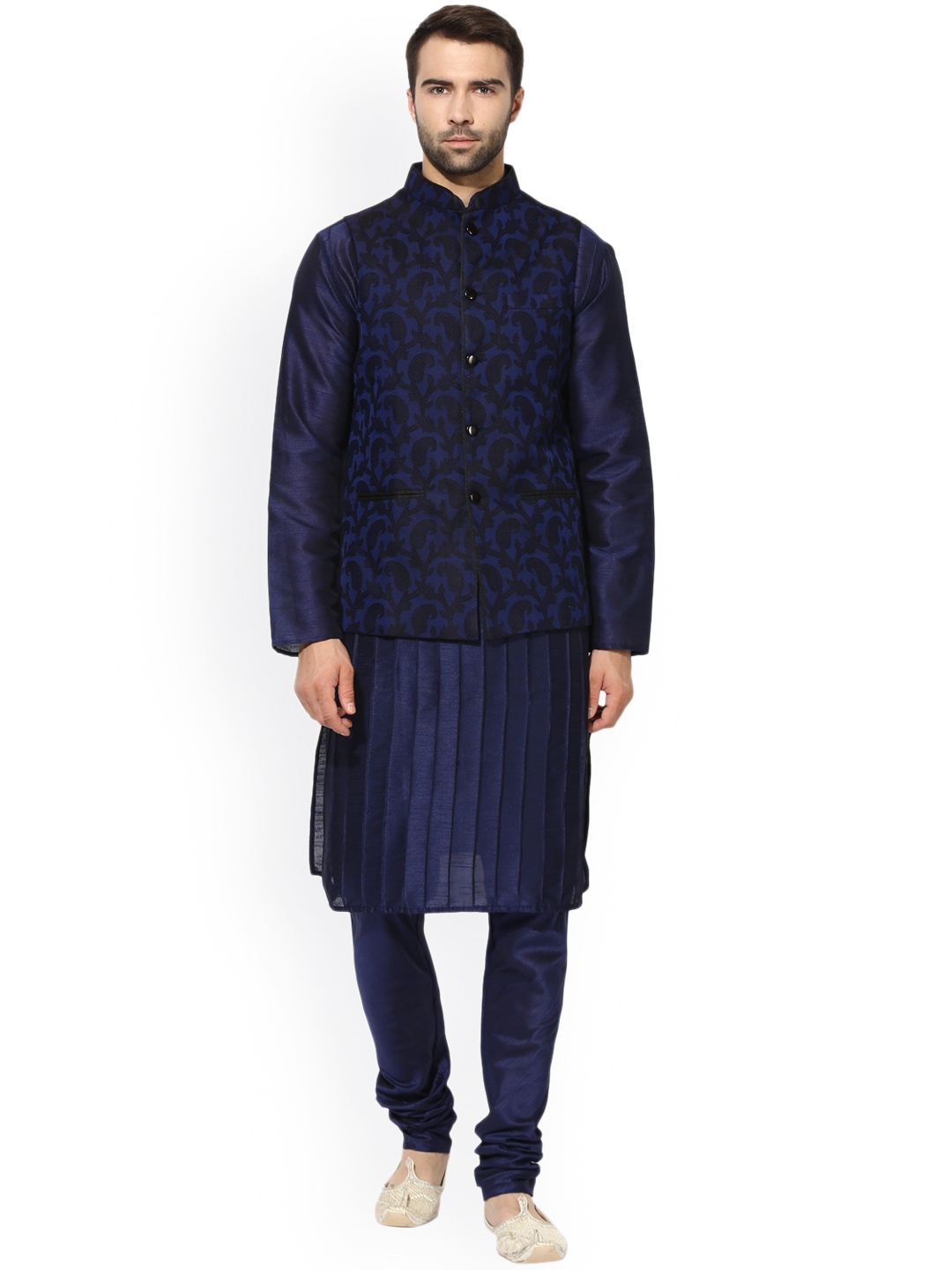 

KISAH Men Navy Blue & Navy Blue Self-Design Kurta with Churidar and Nehru Jacket