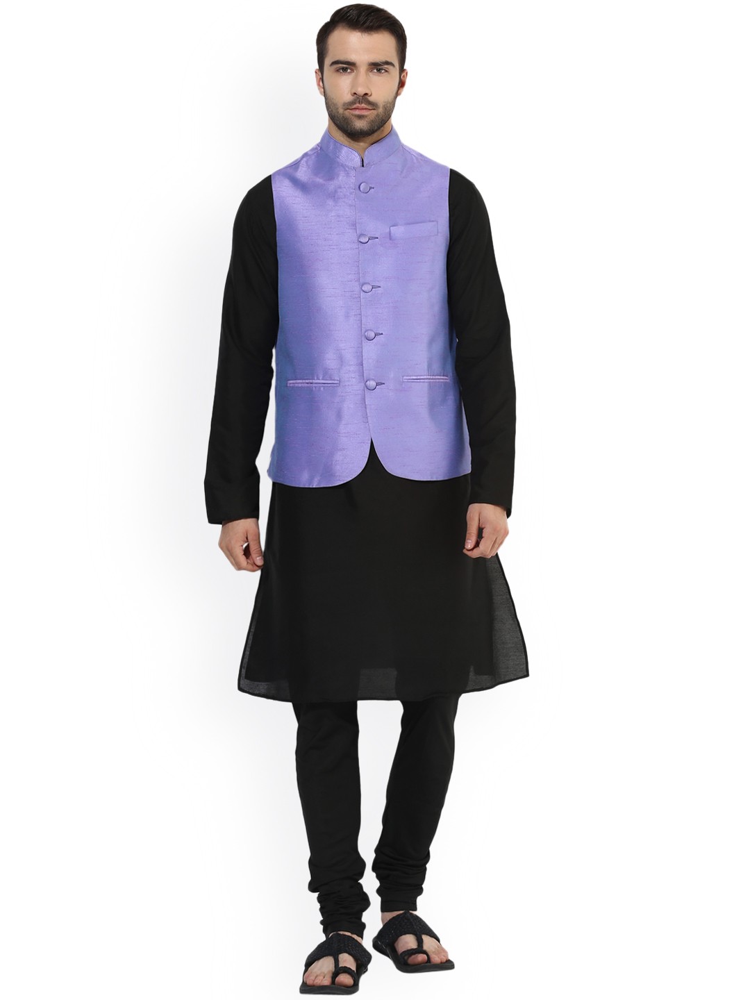 

KISAH Men Black & Lavender Solid Kurta with Churidar and Nehru Jacket