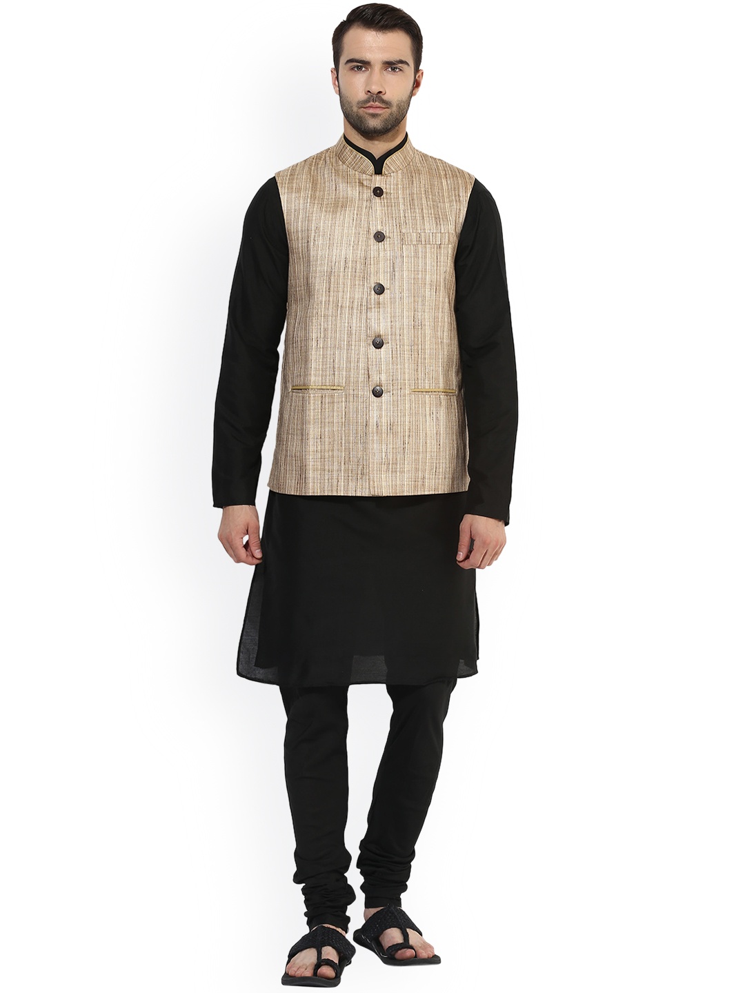 

KISAH Men Black & Brown Solid Kurta with Churidar and Nehru Jacket