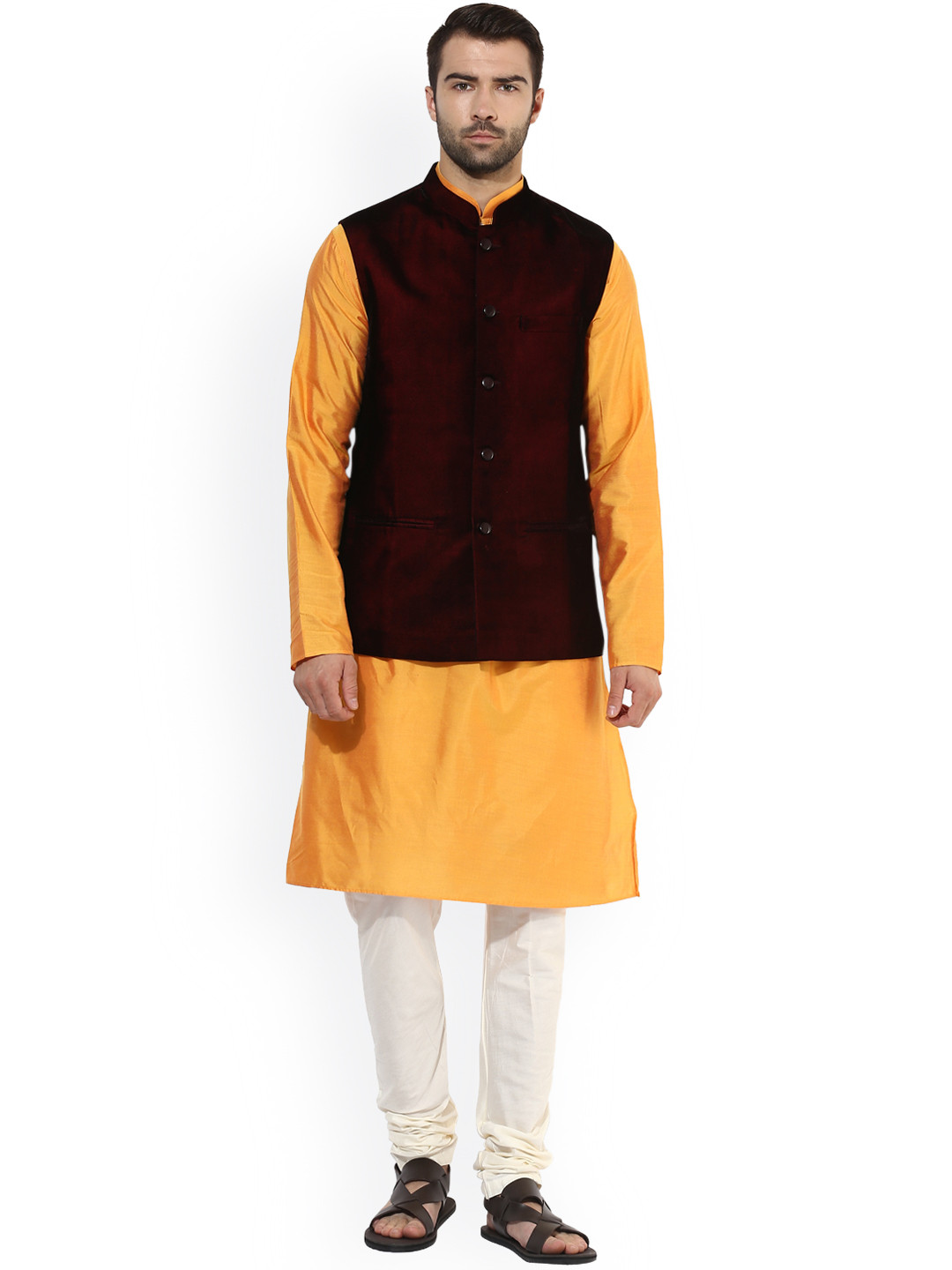 

KISAH Men Yellow & Cream-Coloured Solid Kurta with Pyjamas & Nehru Jacket