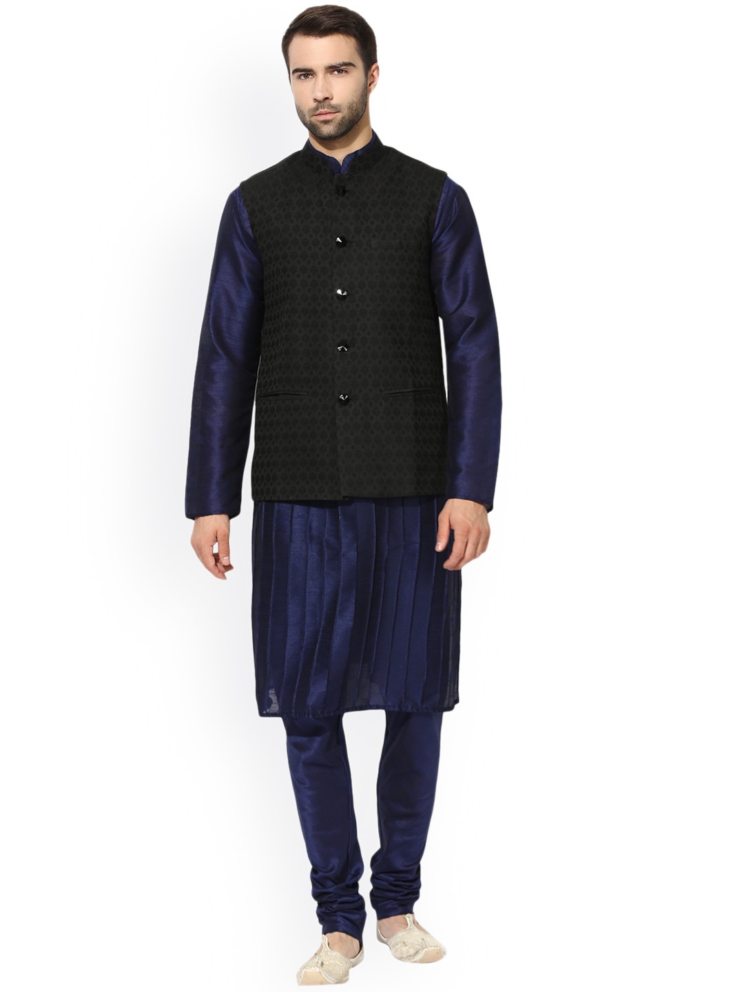 

KISAH Men Navy Blue & Black Self-Design Kurta with Churidar and Nehru Jacket