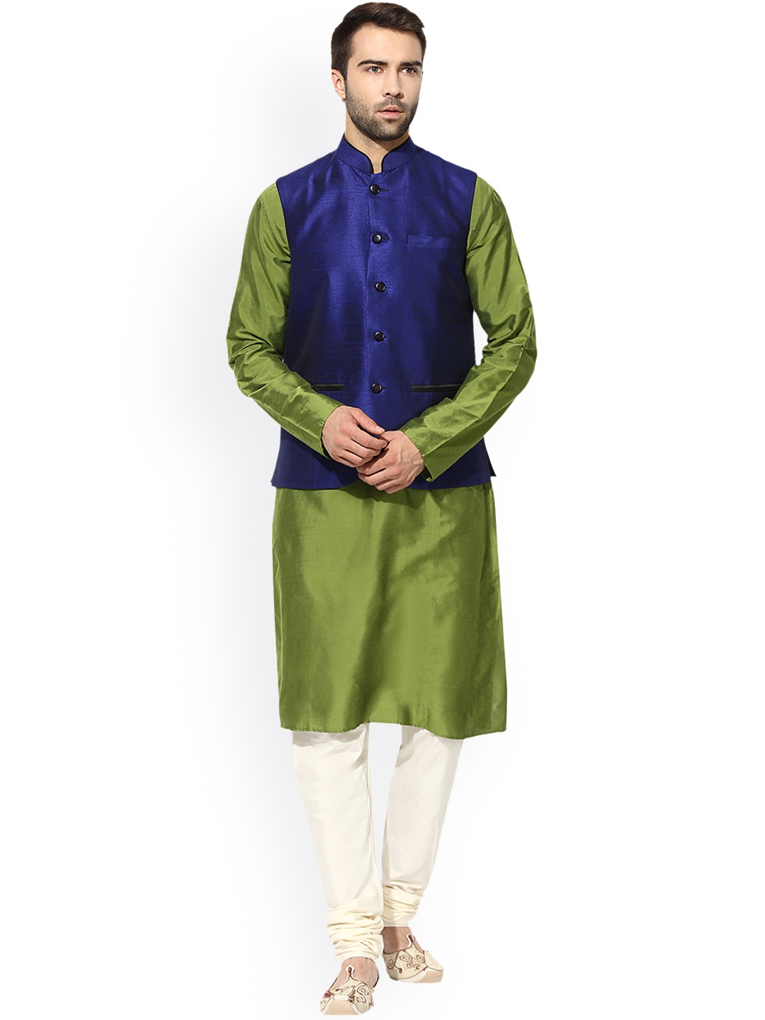 

KISAH Men Green & Blue Solid Kurta with Churidar & Waistcoat