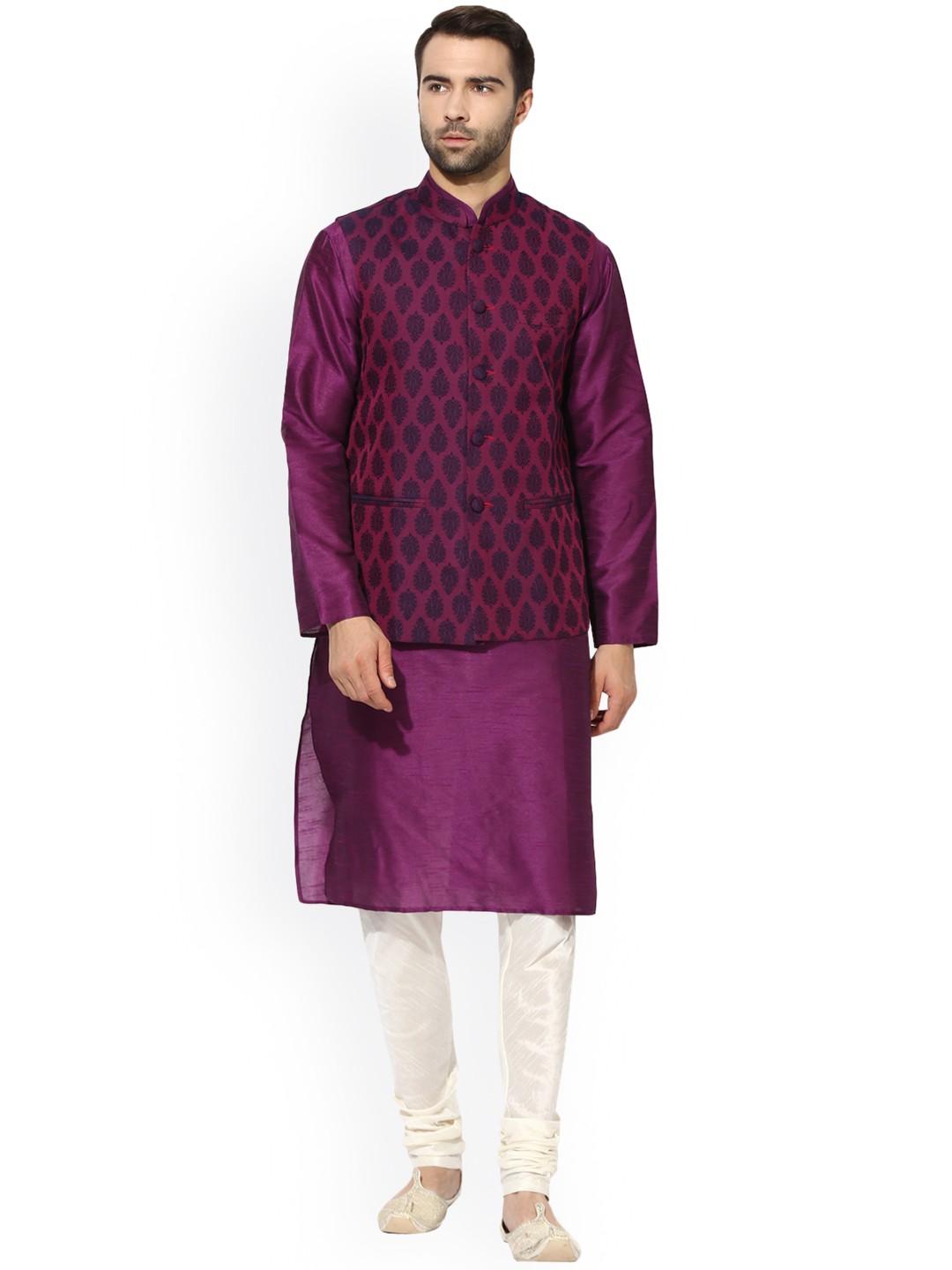 

KISAH Men Purple & Off-White Solid Kurta Churidar with Nehru Jacket