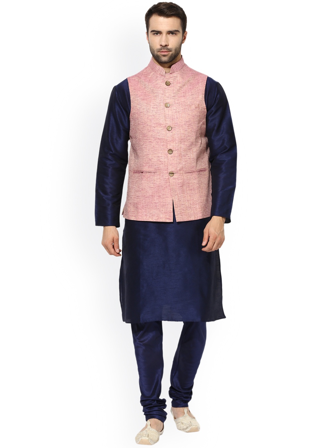 

KISAH Men Navy Blue & Pink Solid Kurta with Churidar and Nehru Jacket