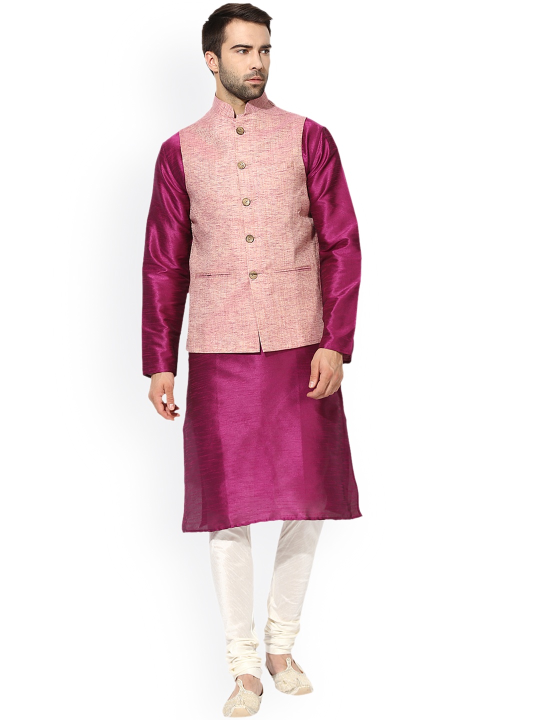 

KISAH Men Magenta & Pink Solid Kurta with Churidar and Nehru Jacket