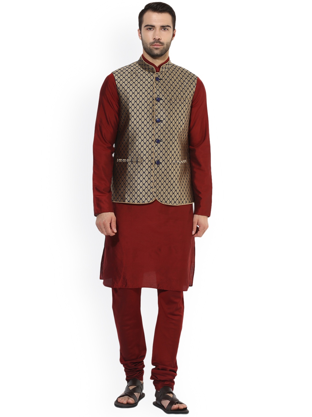 

KISAH Men Maroon & Navy Blue Self-Design Kurta with Churidar & Nehru Jacket