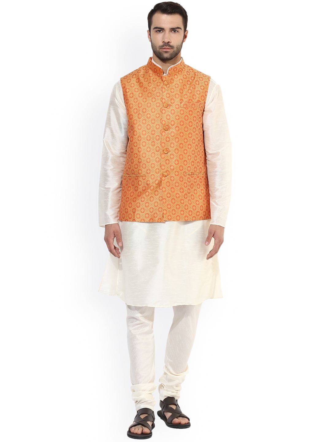 

KISAH Men Cream-Coloured & Orange Self-Design Kurta with Churidar & Nehru Jacket