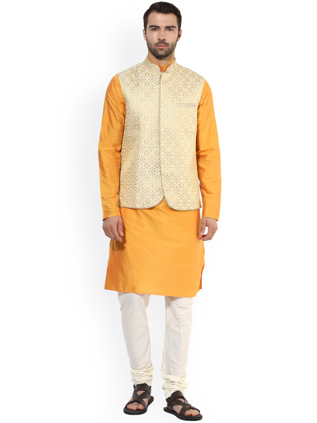 

KISAH Men Yellow & Cream-Coloured Self-Design Kurta with Churidar & Nehru jacket