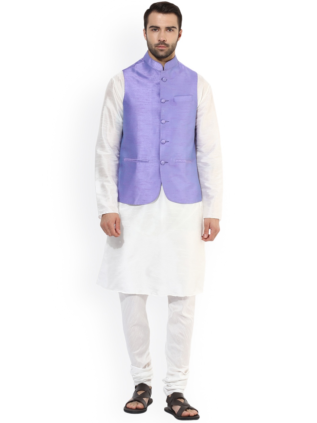 

KISAH Men White & Lavender Self-Design Kurta with Churidar & Nehru Jacket