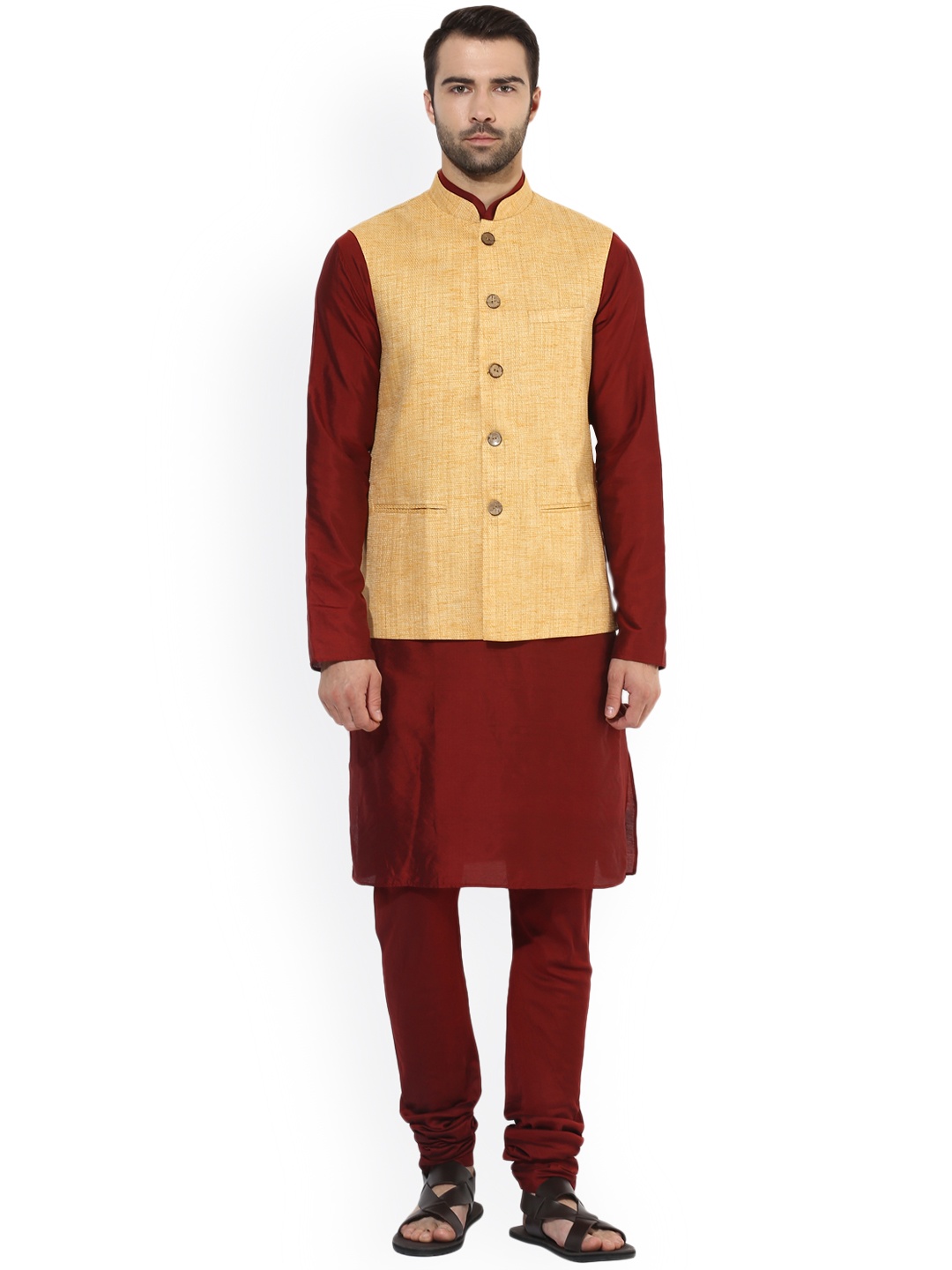 

KISAH Men Maroon & Beige Self-Design Churidar Kurta with Nehru Jacket