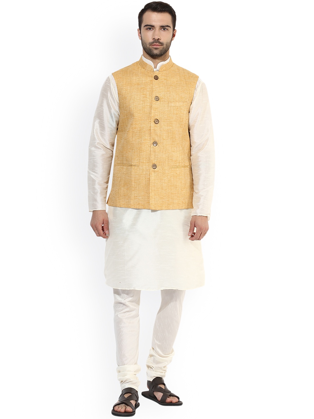 

KISAH Men Cream-Coloured & Beige Self-Design Kurta with Churidar & Nehru Jacket