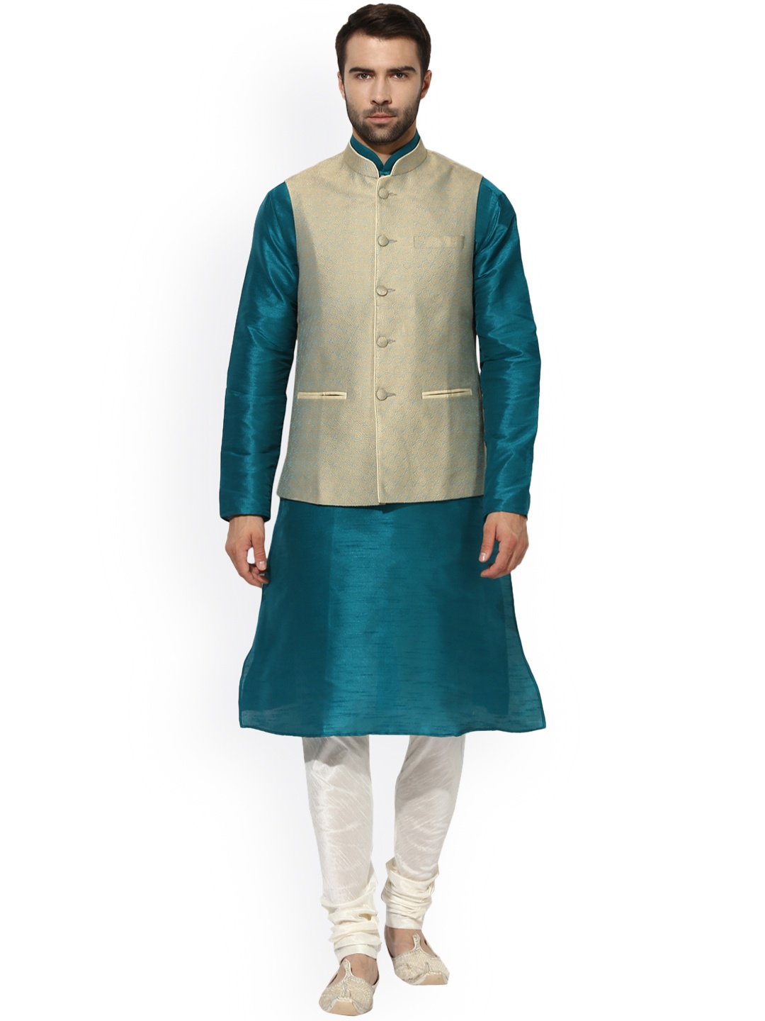 

KISAH Men Teal Green & Off-White Jacquard Kurta Churidar with Nehru Jacket