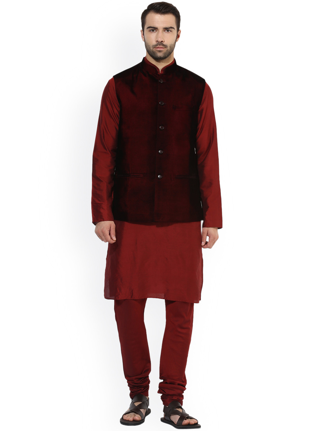

KISAH Men Maroon Solid Kurta with Churidar & Nehru Jacket